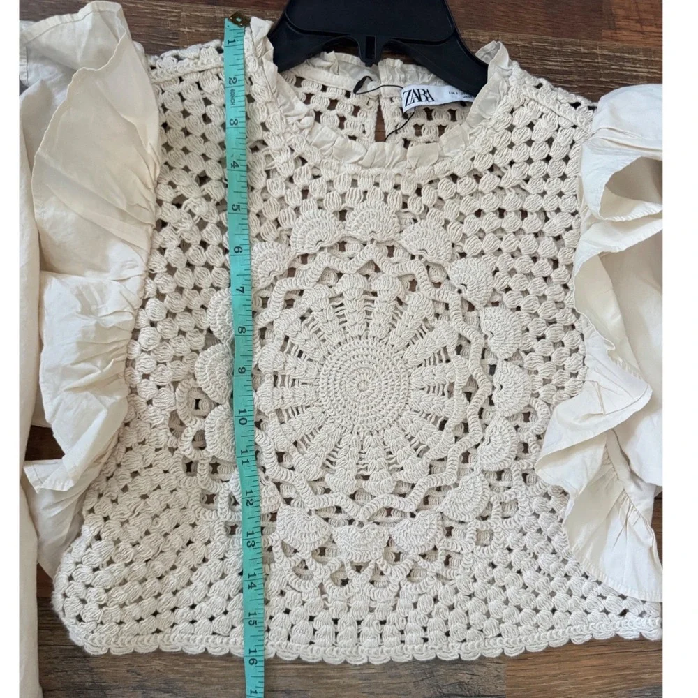 ZARA Crop Top Boho Prairie Crochet Ivory Cream Long‎ Sleeves Size Small